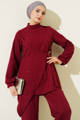 Mini Taşlı Kemer Detaylı İkili Takım Bordo - İkili Takım