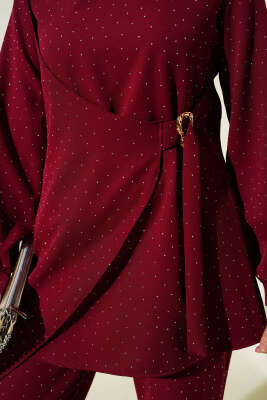 Mini Taşlı Kemer Detaylı İkili Takım Bordo - İkili Takım