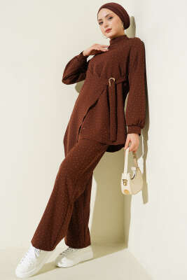 Mini Taşlı Kemer Detaylı İkili Takım Kahve - CNR TEKSTİL