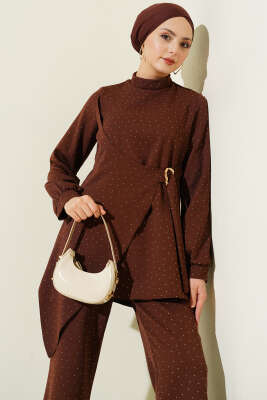 Mini Taşlı Kemer Detaylı İkili Takım Kahve - İkili Takım