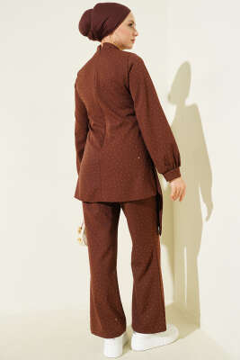 Mini Taşlı Kemer Detaylı İkili Takım Kahve - İkili Takım