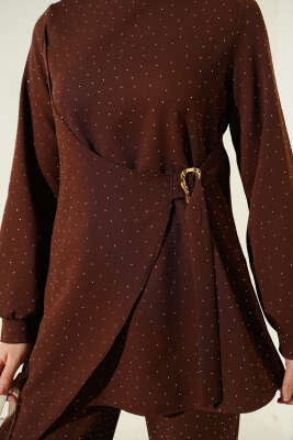 Mini Taşlı Kemer Detaylı İkili Takım Kahve - İkili Takım