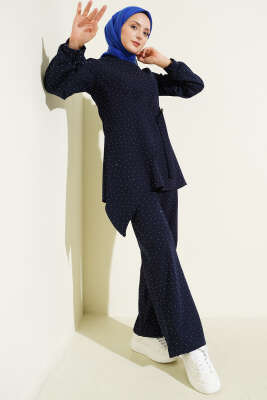 Mini Taşlı Kemer Detaylı İkili Takım Lacivert - CNR TEKSTİL