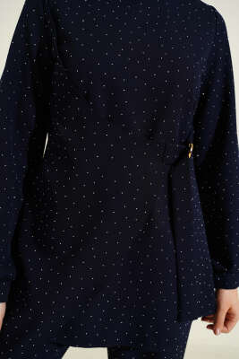 Mini Taşlı Kemer Detaylı İkili Takım Lacivert - İkili Takım