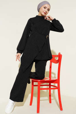 Mini Taşlı Kemer Detaylı İkili Takım Siyah - CNR TEKSTİL