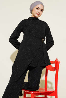 Mini Taşlı Kemer Detaylı İkili Takım Siyah - İkili Takım