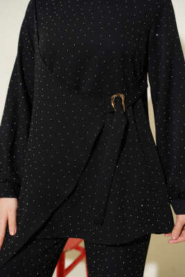 Mini Taşlı Kemer Detaylı İkili Takım Siyah - İkili Takım