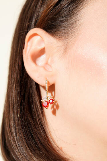 Mini Taşlı Kirazlı Küpe Gold - Küpe