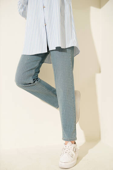 Mini Taşlı Kot Pantolon Açık Tint - Pantolon