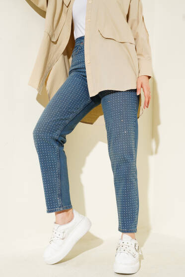 Mini Taşlı Kot Pantolon Tintli - Pantolon