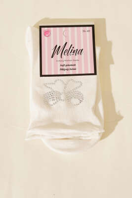 Mini Taşlı Kurdele Soket Çorap Ekru - Soket Çorap