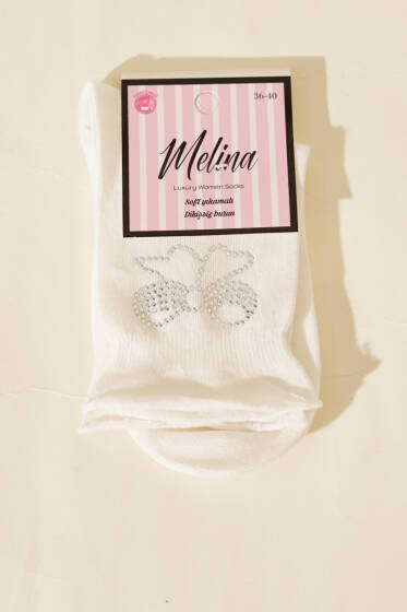 Mini Taşlı Kurdele Soket Çorap Ekru - Soket Çorap