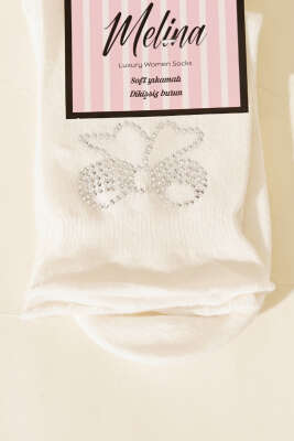 Mini Taşlı Kurdele Soket Çorap Ekru - Soket Çorap