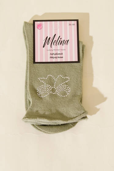 Mini Taşlı Kurdele Soket Çorap Haki - Soket Çorap