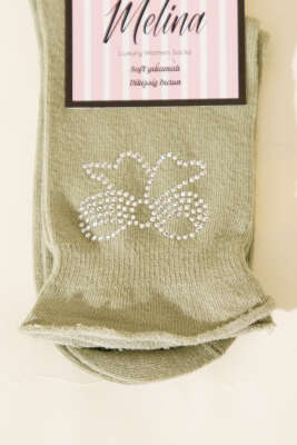 Mini Taşlı Kurdele Soket Çorap Haki - Soket Çorap