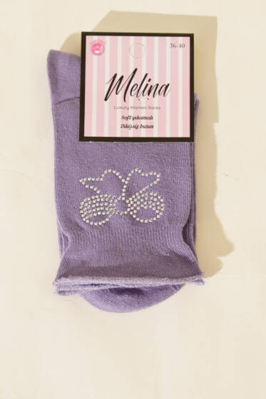 Mini Taşlı Kurdele Soket Çorap Lila - Soket Çorap