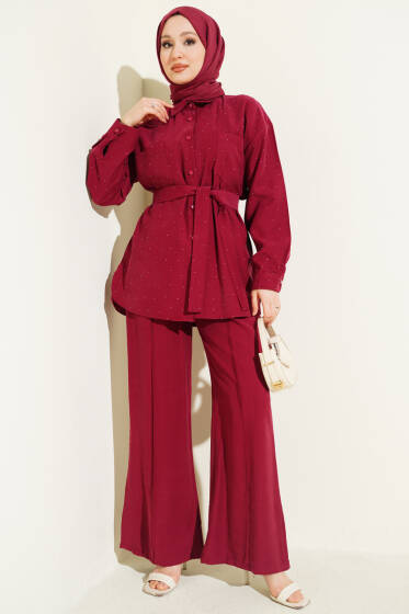Mini Taşlı Kuşaklı İkili Takım Bordo - İkili Takım