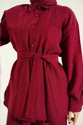 Mini Taşlı Kuşaklı İkili Takım Bordo - İkili Takım