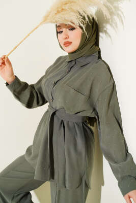 Mini Taşlı Kuşaklı İkili Takım Haki - HATUN