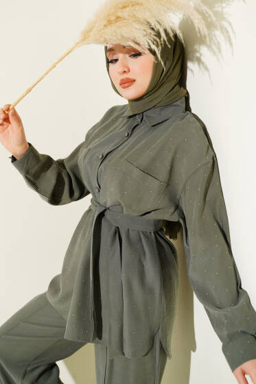 Mini Taşlı Kuşaklı İkili Takım Haki - İkili Takım