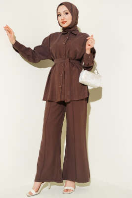 Mini Taşlı Kuşaklı İkili Takım Kahve - HATUN