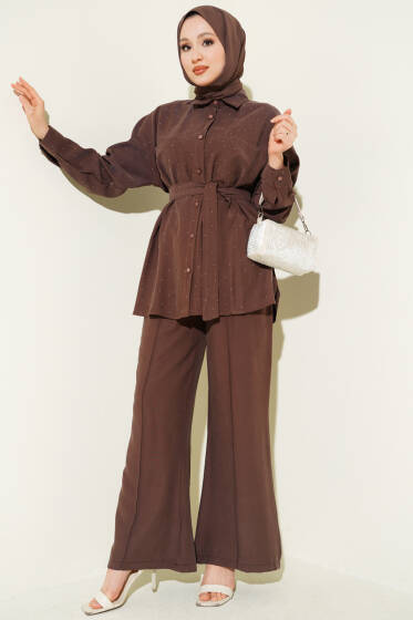 Mini Taşlı Kuşaklı İkili Takım Kahve - İkili Takım