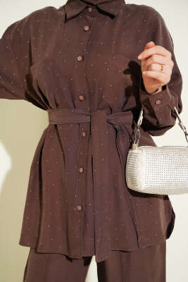 Mini Taşlı Kuşaklı İkili Takım Kahve - İkili Takım