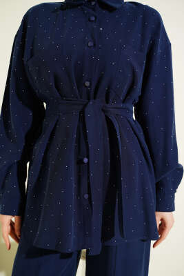 Mini Taşlı Kuşaklı İkili Takım Lacivert - İkili Takım