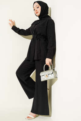 Mini Taşlı Kuşaklı İkili Takım Siyah - HATUN