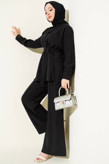 Mini Taşlı Kuşaklı İkili Takım Siyah - İkili Takım