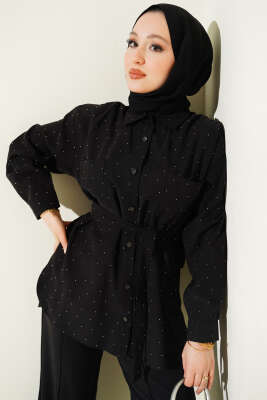 Mini Taşlı Kuşaklı İkili Takım Siyah - İkili Takım