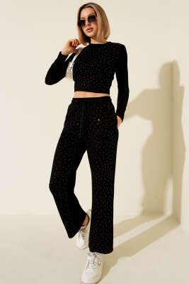Mini Taşlı Loyşa Crop İkili Takım Siyah - KECHI WOMAN