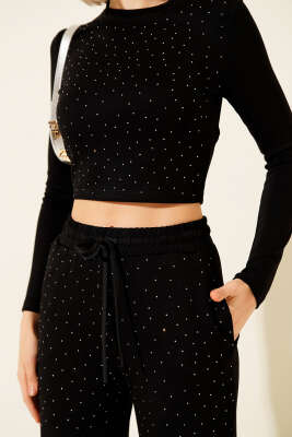 Mini Taşlı Loyşa Crop İkili Takım Siyah - Kadın Giyim Modelleri