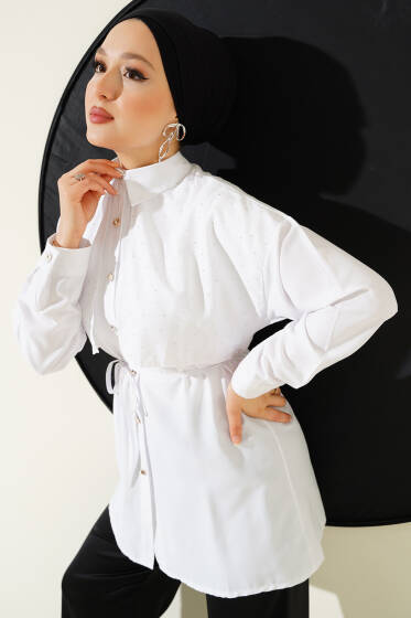 Mini Taşlı Pelerinli Tunik Beyaz - Tunik