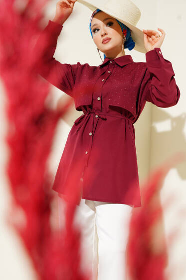 Mini Taşlı Pelerinli Tunik Bordo - Tunik
