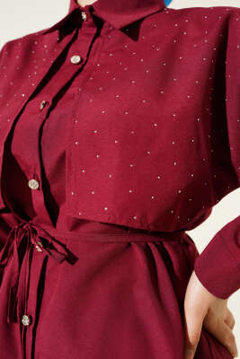 Mini Taşlı Pelerinli Tunik Bordo - Tunik
