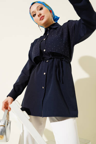 Mini Taşlı Pelerinli Tunik Lacivert - Tunik