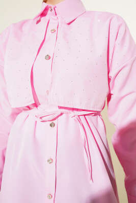 Mini Taşlı Pelerinli Tunik Pembe - Tunik