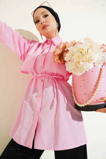 Mini Taşlı Pelerinli Tunik Pembe - Tunik