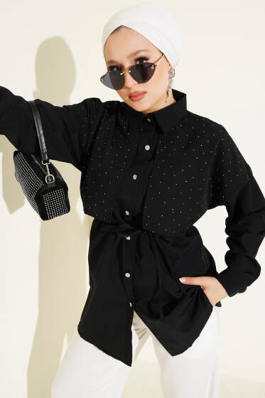 Mini Taşlı Pelerinli Tunik Siyah - Tunik