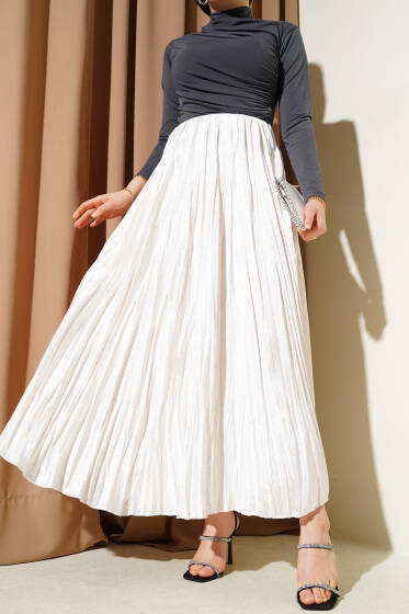 Mini Taşlı Pileli Saten Etek Ekru - Etek