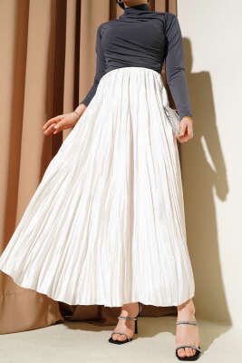 Mini Taşlı Pileli Saten Etek Ekru 