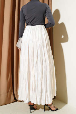 Mini Taşlı Pileli Saten Etek Ekru - Uzun Etek
