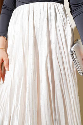 Mini Taşlı Pileli Saten Etek Ekru - Uzun Etek