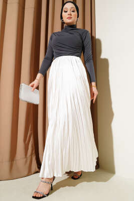 Mini Taşlı Pileli Saten Etek Ekru - Uzun Etek