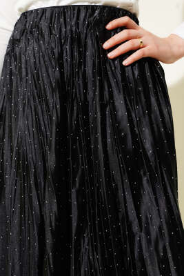 Mini Taşlı Pileli Saten Etek Siyah - Uzun Etek