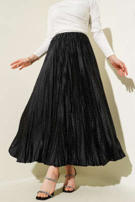 Mini Taşlı Pileli Saten Etek Siyah - AGAS TEKSTİL