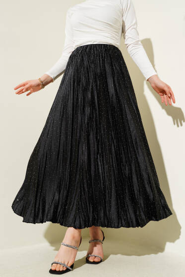 Mini Taşlı Pileli Saten Etek Siyah - Uzun Etek