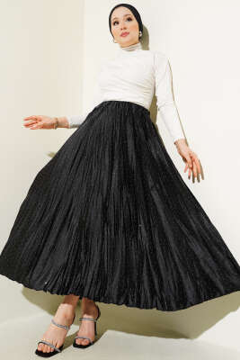 Mini Taşlı Pileli Saten Etek Siyah - Uzun Etek