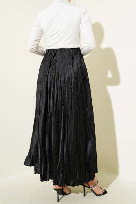 Mini Taşlı Pileli Saten Etek Siyah - Uzun Etek